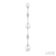 4 MM, 5 MM & 6 MM Round Shape Cultured Pearls and 1/10 Ctw Round Cut Diamond Station Long Earrings in 14K White Gold