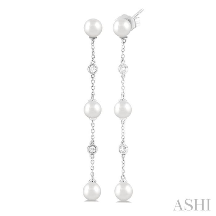 5 MM Round Shape Cultured Pearl and 1/10 Ctw Round Cut Diamond Station Long Earrings in 14K White Gold