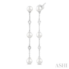 5 MM Round Shape Cultured Pearl and 1/10 Ctw Round Cut Diamond Station Long Earrings in 14K White Gold