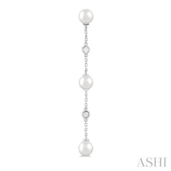 5 MM Round Shape Cultured Pearl and 1/10 Ctw Round Cut Diamond Station Long Earrings in 14K White Gold