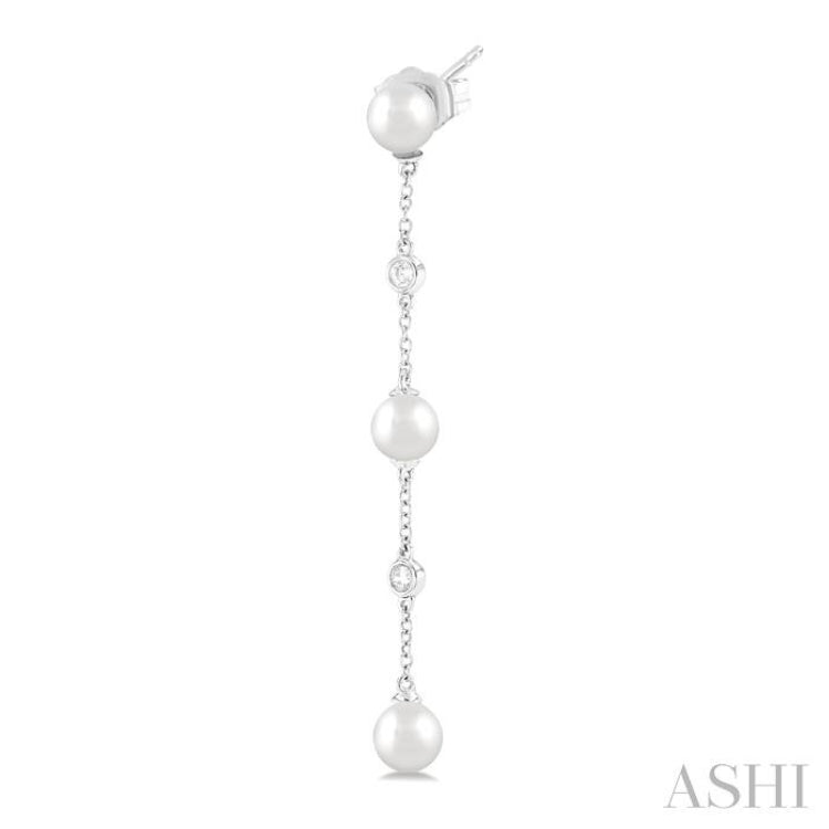 5 MM Round Shape Cultured Pearl and 1/10 Ctw Round Cut Diamond Station Long Earrings in 14K White Gold