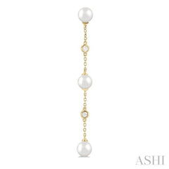5 MM Round Shape Cultured Pearls and 1/10 Ctw Round Cut Diamond Station Long Earring in 14K Yellow Gold