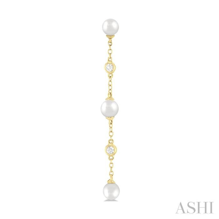 1/20 Ctw Cultured Pearls 4MM and Round Cut Diamond Station Long Earring in 14K Yellow Gold