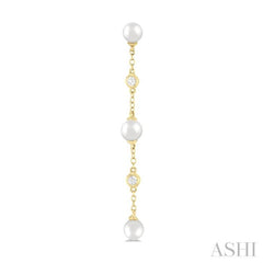 1/20 Ctw Cultured Pearls 4MM and Round Cut Diamond Station Long Earring in 14K Yellow Gold