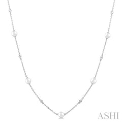 3 MM Round Shape Cultured Pearl and 1/8 Ctw Round Cut Diamond Station Necklace in 14K White Gold