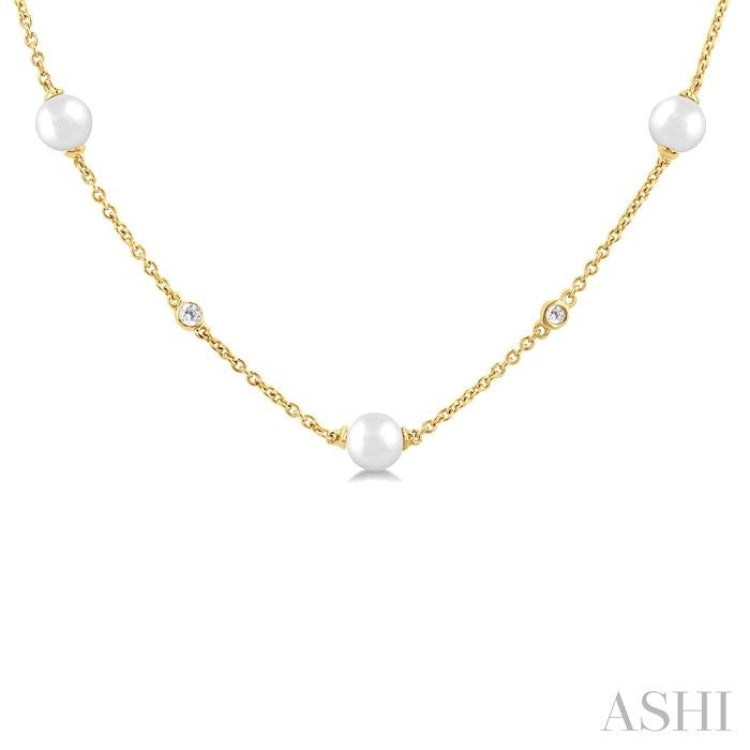 3 MM Round Shape Cultured Pearl and 1/8 Ctw Round Cut Diamond Station Necklace in 14K Yellow Gold