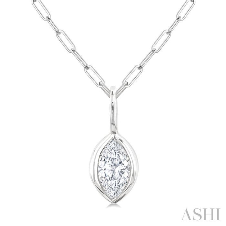 1/5 Ctw Marquise Cut Bezel Set Diamond Fashion Pendant With Paperclip Chain in 14K White Gold