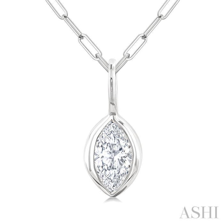 1/5 Ctw Marquise Cut Bezel Set Diamond Fashion Pendant With Paperclip Chain in 14K White Gold
