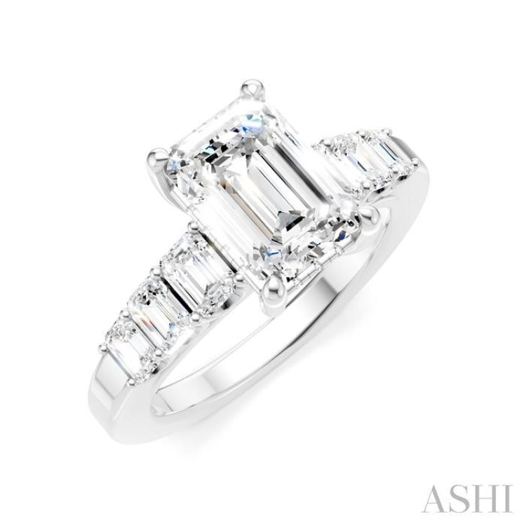 1 Ctw Emerald Shape Emerald and Round Cut Diamond Semi-Mount Engagement Ring in 14K White Gold