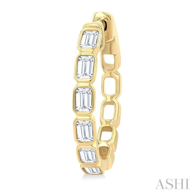 1 1/10 Ctw Bezel Set Emerald Cut Diamond Fashion Hoop Earring in 14K Yellow Gold