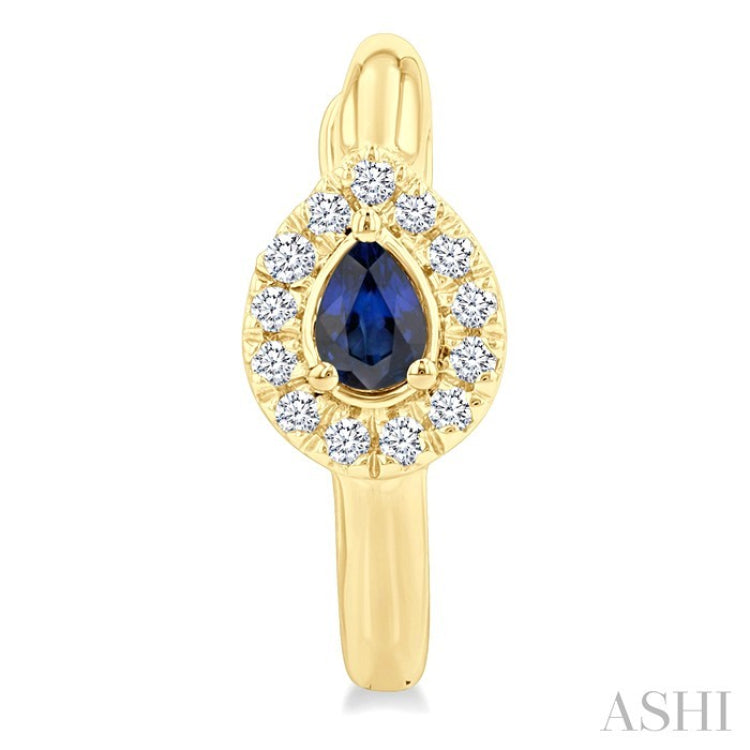 4X3 MM Pear Cut Sapphire and 1/10 Ctw Petite Round Cut Halo Diamond Fashion Huggies in 10K Yellow Gold