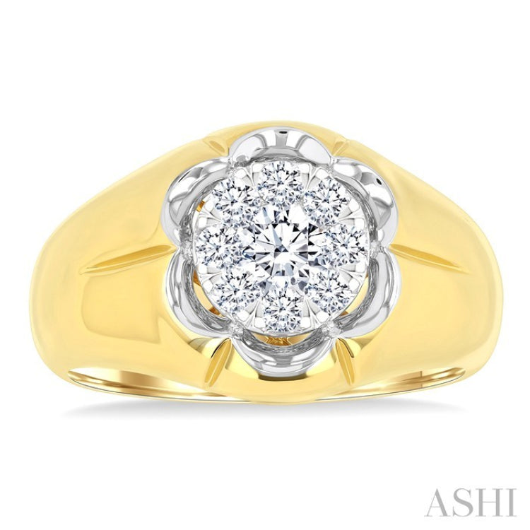 3/4 Ctw Floral Center Lovebright Round Cut Diamond Men's Ring in 10K Yellow and White Gold