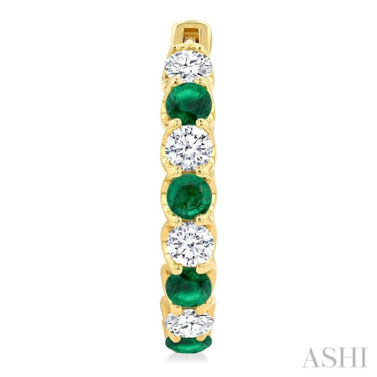 3.1 MM Emerald and 1 5/8 Ctw Round Cut Inside-Out Diamond Precious Hoop Earrings in 14K Yellow Gold