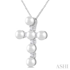 4 MM Cross Cultured Pearl and 1/6 Ctw Round Cut Diamond Fashion Pendant With Chain in 10K White Gold