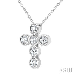 1/2 Ctw Round Cut Diamond 6-Stone Bezel Set Cross Pendant With Chain in 14K White Gold