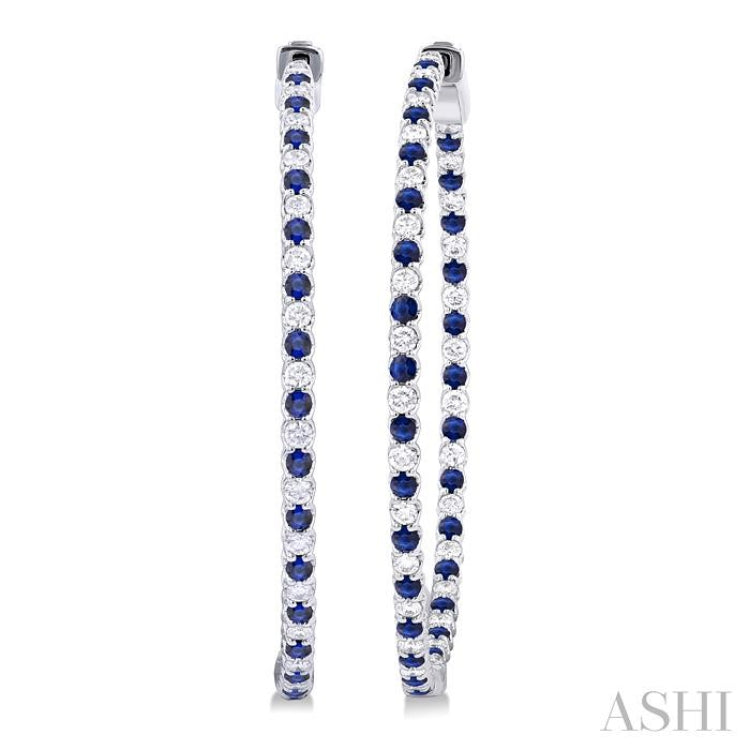 1.6 MM Round Cut Sapphire and 1 Ctw Round Cut Diamond Precious Inside-Out Alternating Hoop Earrings in 14K White Gold