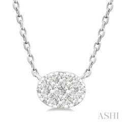 1/10 Ctw Lovebright Petite East-West Set Oval Shape Round Cut Diamond Fashion Pendant With Chain in 10K Yellow and White Gold