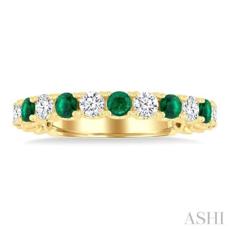 2.6 MM Emerald and 3/8 Ctw Round Cut Diamond Precious Wedding Band in 14K Yellow Gold
