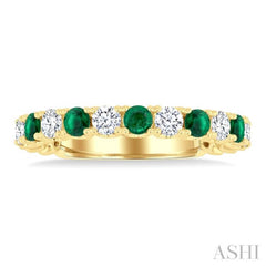 2.6 MM Emerald and 3/8 Ctw Round Cut Diamond Precious Wedding Band in 14K Yellow Gold
