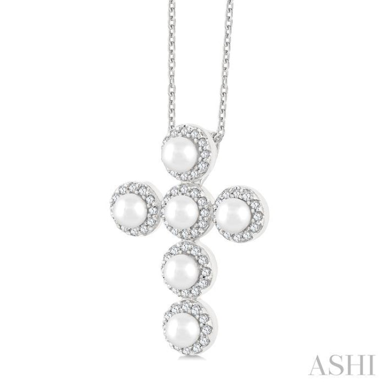 4 MM Cross Cultured Pearl and 1/4 Ctw Round Cut Diamond Pendant With Chain in 14K White Gold