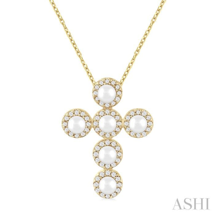 4 MM Round Shape Cultured Pearl and 1/4 Ctw Round Cut Diamond Cross Pendant With Chain in 14K Yellow Gold