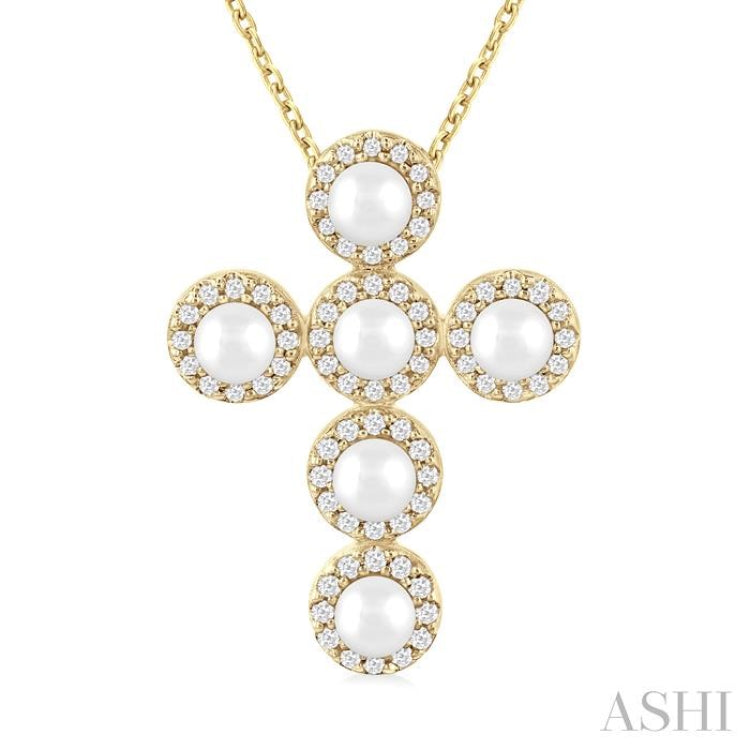 4 MM Round Shape Cultured Pearl and 1/4 Ctw Round Cut Diamond Cross Pendant With Chain in 14K Yellow Gold