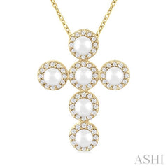 4 MM Round Shape Cultured Pearl and 1/4 Ctw Round Cut Diamond Cross Pendant With Chain in 14K Yellow Gold
