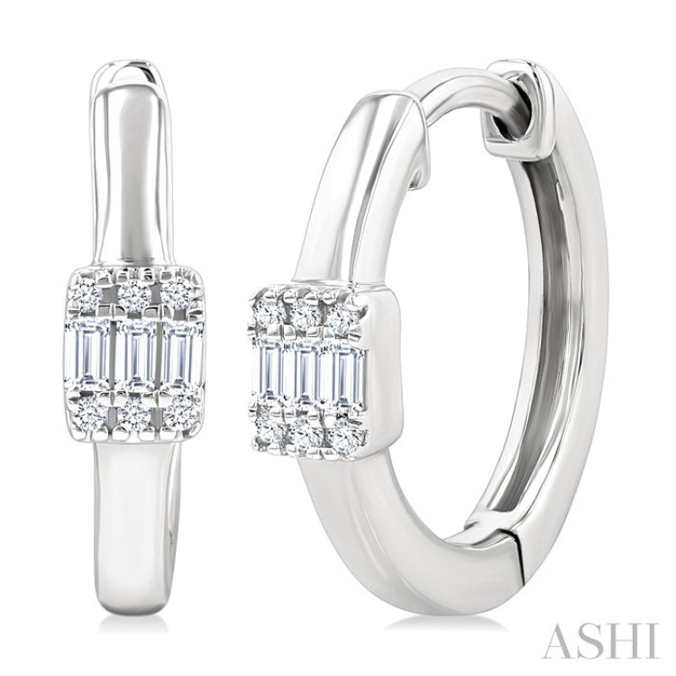 1/10 Ctw Petite Rectangular Center Fusion Baguette and Round Cut Diamond Fashion Huggies in 10K White Gold