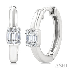 1/10 Ctw Petite Rectangular Center Fusion Baguette and Round Cut Diamond Fashion Huggies in 10K White Gold