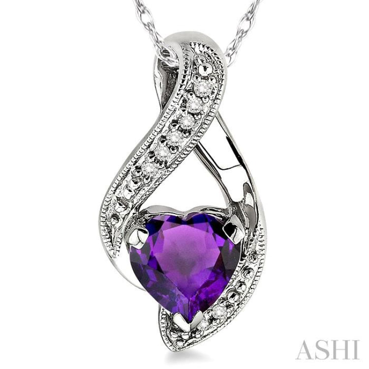 7 MM Heart Shape Amethyst and 1/20 Ctw Single Cut Diamond Semi-Precious Pendant in 14K White Gold with Chain
