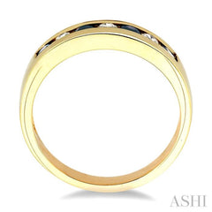 2.5 MM Round Cut Sapphire and 1/5 Ctw Channel Set Round Cut Diamond Band in 14K Yellow Gold