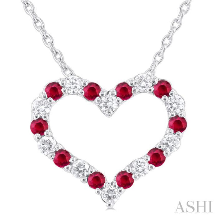 1.4 MM Round Cut Ruby and 1/8 Ctw Open Heart Round Cut Diamond Precious Fashion Pendant With Chain in 14K White Gold