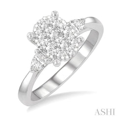 3/4 Ctw Oval Shape Lovebright Pear and Round Cut Diamond Engagement Ring in 14K White Gold