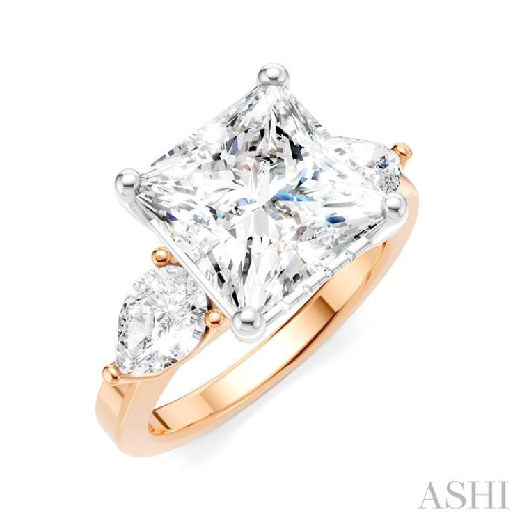 1 1/10 Ctw Tri-Mount Princess Shape Center Pear and Round Cut Diamond Semi-Mount Engagement Ring in 14K Rose and White Gold
