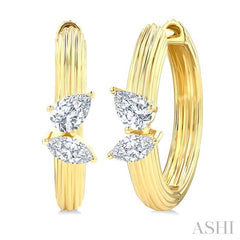 3/8 Ctw Marquise and Pear Cut Diamond Ribbed Hoop Fashion Earrings in 14K Yellow Gold