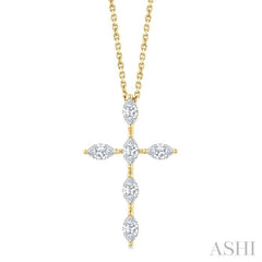 3/4 Ctw Cross 6-Stone Marquise Cut Diamond Fashion Pendant With Chain in 14K Yellow Gold