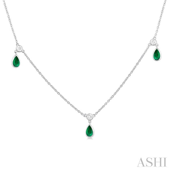 5X3 MM Pear Shape Emerald and 1/4 Ctw Round Cut Diamonds Precious Station Necklace in 14K White Gold