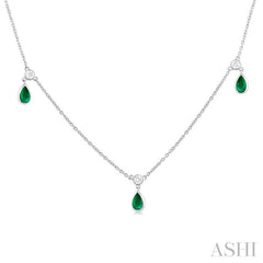 5X3 MM Pear Shape Emerald and 1/4 Ctw Round Cut Diamonds Precious Station Necklace in 14K White Gold