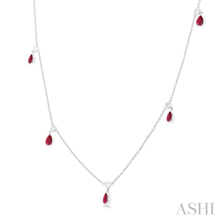 5X3 MM Pear Shape Ruby and 1/4 Ctw Round Cut Diamonds Precious Station Necklace in 14K White Gold