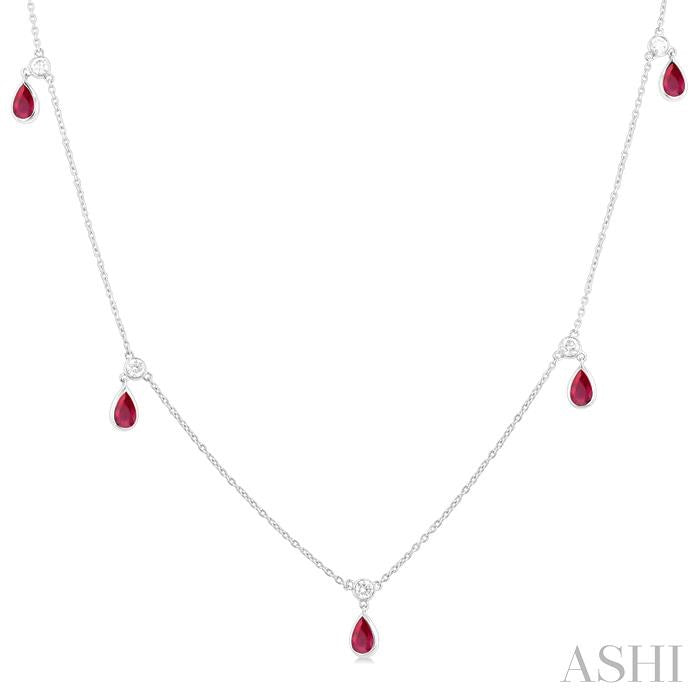 5X3 MM Pear Shape Ruby and 1/4 Ctw Round Cut Diamonds Precious Station Necklace in 14K White Gold