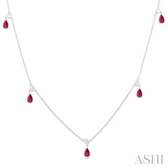 5X3 MM Pear Shape Ruby and 1/4 Ctw Round Cut Diamonds Precious Station Necklace in 14K White Gold