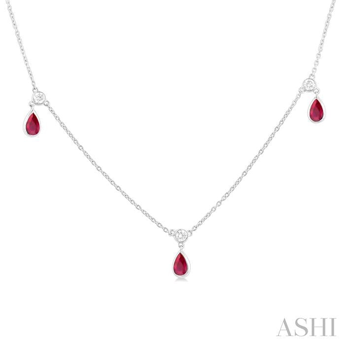 5X3 MM Pear Shape Ruby and 1/4 Ctw Round Cut Diamonds Precious Station Necklace in 14K White Gold