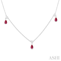 5X3 MM Pear Shape Ruby and 1/4 Ctw Round Cut Diamonds Precious Station Necklace in 14K White Gold