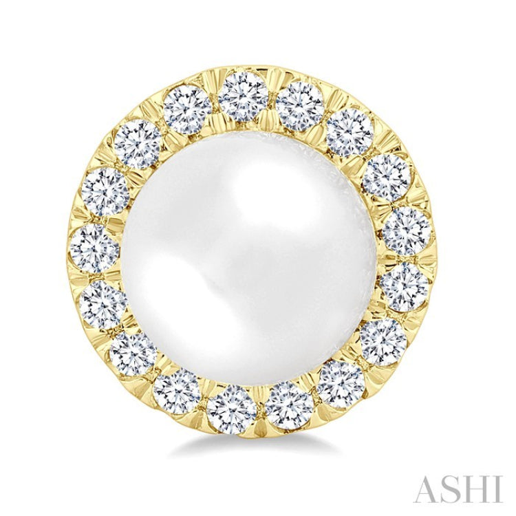 4.5 MM White Cultured Pearl and 1/8 Ctw Round Cut Diamond Halo Stud Earrings in 10K Yellow Gold