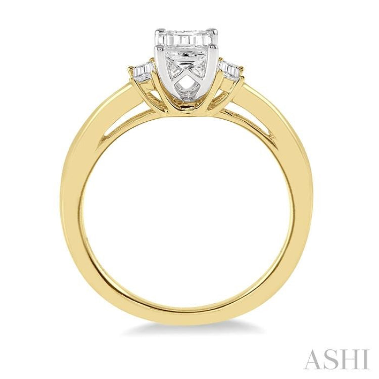 3/8 Ctw Octagonal and Baguette Diamond Ladies Engagement Ring with 1/3 Ct Emerald cut Center Stone in 14K Yellow and White Gold