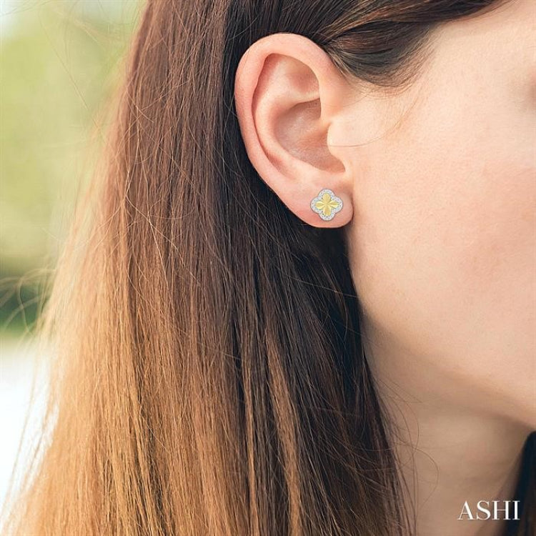 1/5 Ctw Fluted Texture 4-Leaf Clover Round Cut Diamond Pirouette Fashion Stud Earrings in 10K Yellow and White Gold