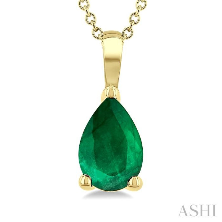 6X4 MM Pear Shape Emerald Precious Solitaire Pendant With Chain in 14K Yellow Gold