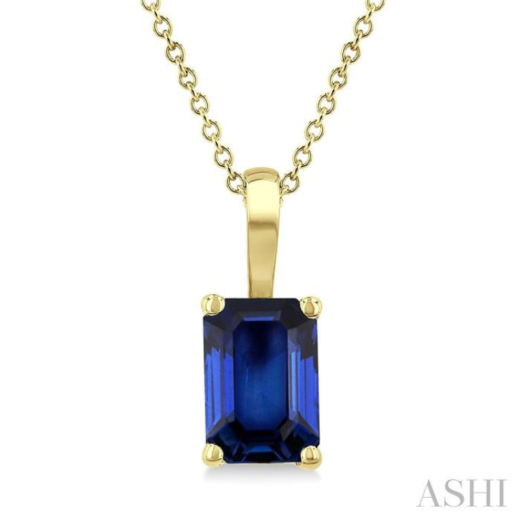 6X4 MM Octagon Shape Sapphire Precious Solitaire Pendant With Chain in 14K Yellow Gold