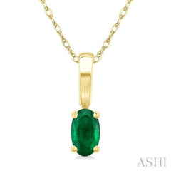 5X3 MM Oval Shape Emerald Precious Solitaire Pendant With Chain in 14K Yellow Gold