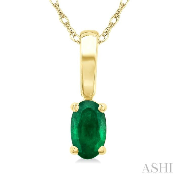 5X3 MM Oval Shape Emerald Precious Solitaire Pendant With Chain in 14K Yellow Gold